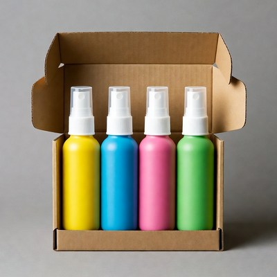 Colorful Spray Bottles in Cardboard Box