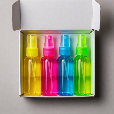 Colorful Spray Bottles in White Box