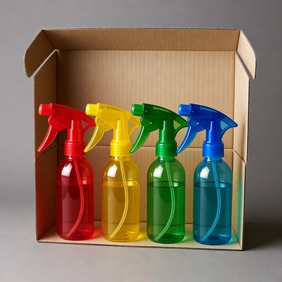 Colorful Spray Bottles in Cardboard Box