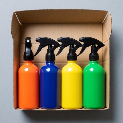 Colorful Spray Bottles in Cardboard Box