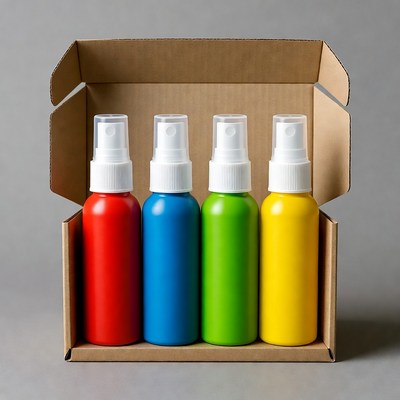 Colorful Spray Bottles in Cardboard Box