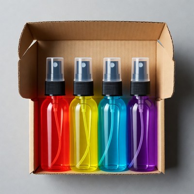Colorful Spray Bottles in Cardboard Box