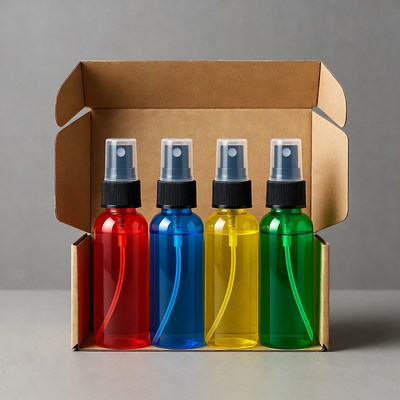 Colorful Spray Bottles in Open Box