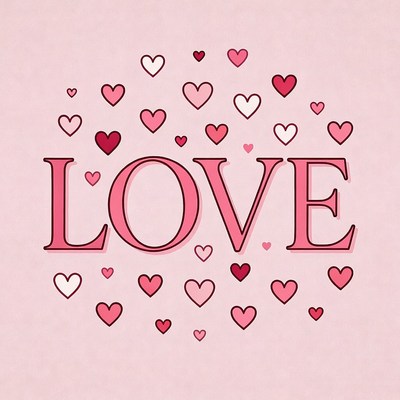 LOVE text with pink hearts