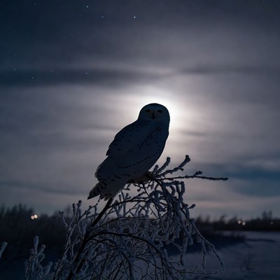 Snowy Owl Perched on Frosty Branch