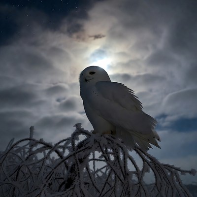 Snowy Owl Perched on Snowy Branch