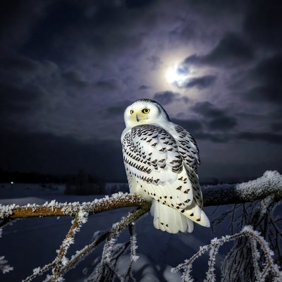 Snowy Owl on Snowy Branch at Night