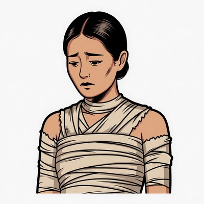 Sad Asian woman in bandages