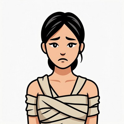 Sad Asian woman in bandages