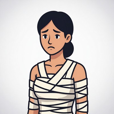 Sad Asian woman in white bandages