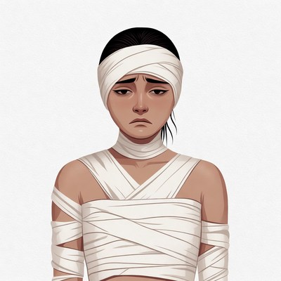 Sad Asian woman in bandages