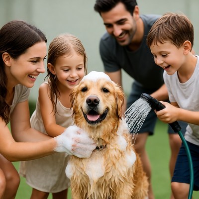 Family washing golden retriever dog