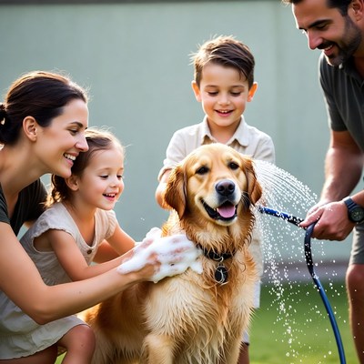 Family washing golden retriever dog