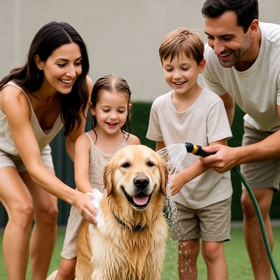 Family Washing Golden Retriever Dog
