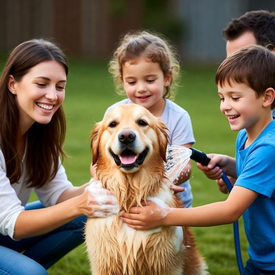 Family washing golden retriever in backyard