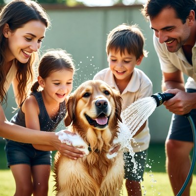 Family washing golden retriever dog