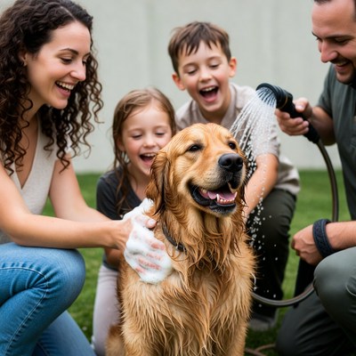 Family washing golden retriever dog