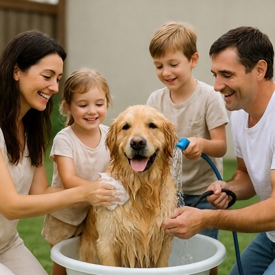 Family bathing golden retriever outdoors