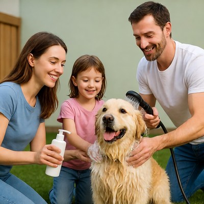 Family Washing Golden Retriever Outdoors