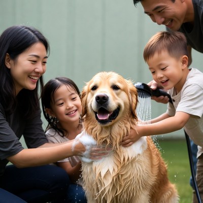Asian family washing golden retriever