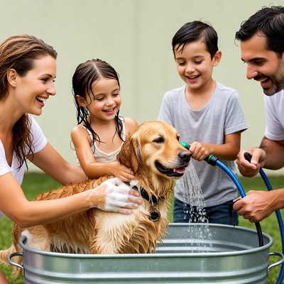 Family Washing Golden Retriever Puppy