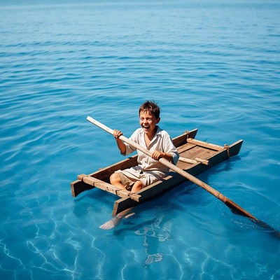 Boy rowing wooden boat on blue water
