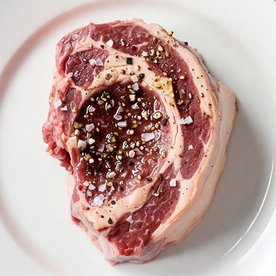 Seasoned ribeye steak on plate