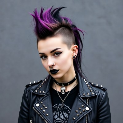 Woman with purple mohawk and leather jacket