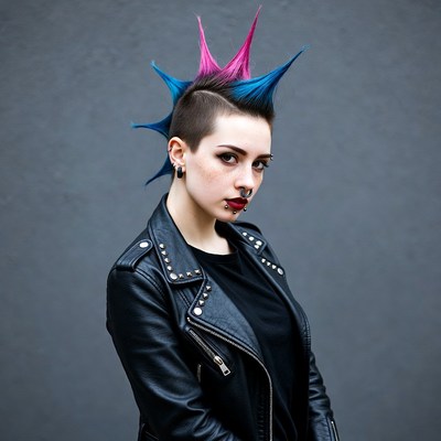 Woman with pink blue mohawk leather jacket