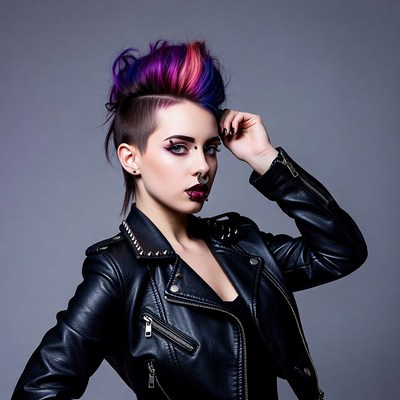 Woman with purple mohawk leather jacket