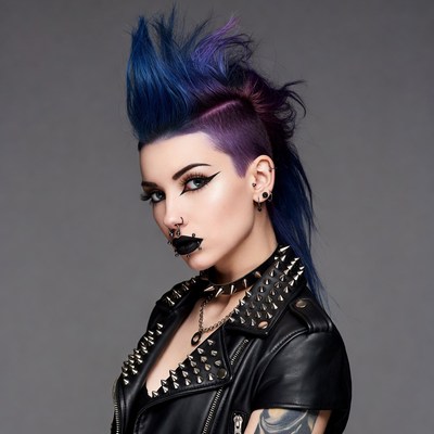Woman with blue mohawk and leather jacket