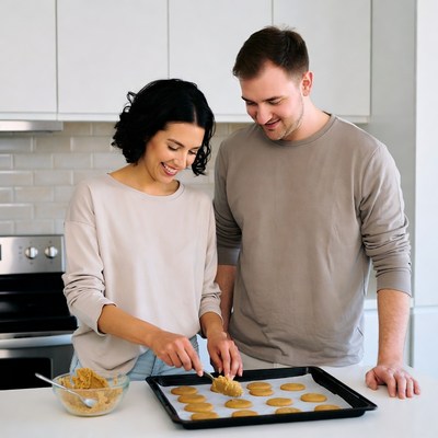 Couple baking cookies in kitchen