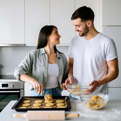 Couple baking cookies in kitchen