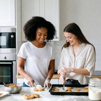 Two women baking cookies in kitchen