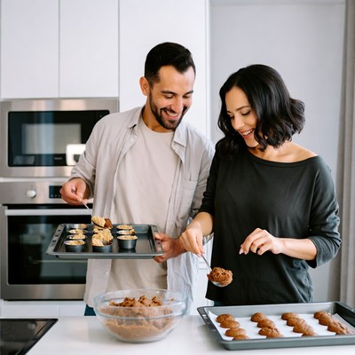 Couple baking cookies in kitchen