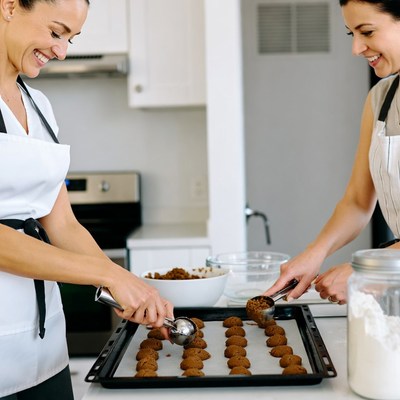 Two women scooping cookie dough