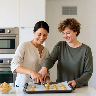 Two women scooping cookies onto baking sheet