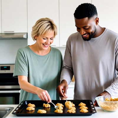 Interracial couple baking cookies