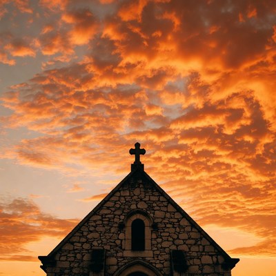 Stone church silhouette against sunset sky