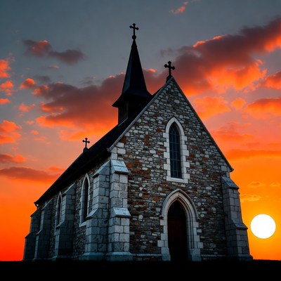 Stone Church at Sunset with Crosses