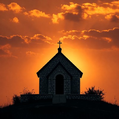 Silhouette Church Sunset with Cross