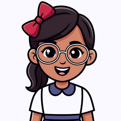 Cartoon girl with red bow and glasses