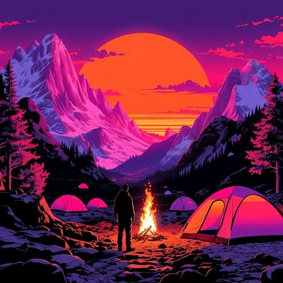 Man camping by fire in neon mountains