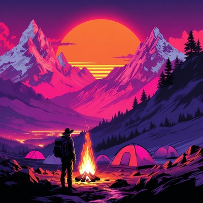 Man camping by campfire in neon mountains