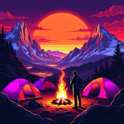 Backpacker by Campfire in Sunset Mountains