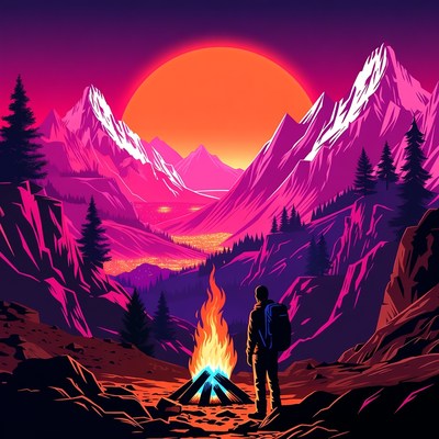 Man viewing sunset over mountains by campfire
