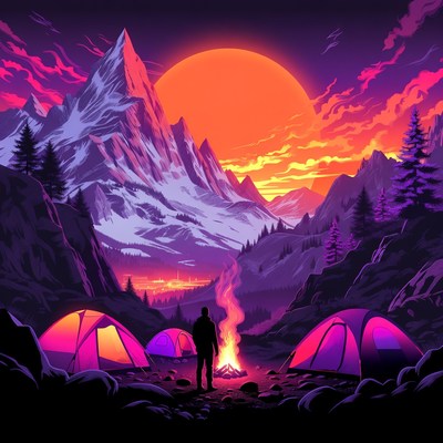 Man standing by campfire in neon mountains