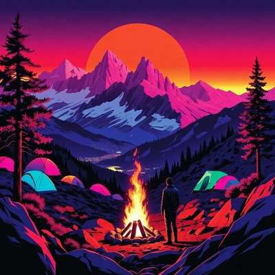 Man camping by campfire in neon mountains