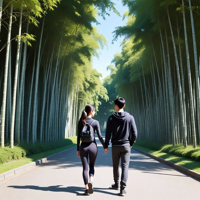 Asian couple walking hand-in-hand in bamboo forest