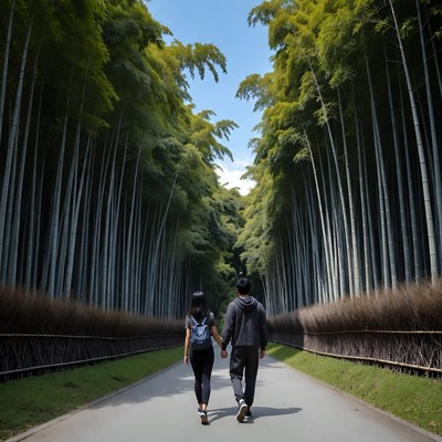 Asian couple walking bamboo forest path